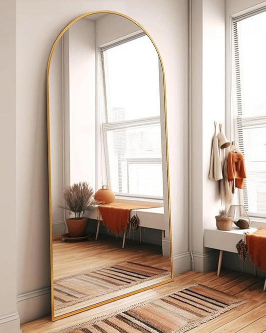 DYNWELL Arched Full Length Mirror, Floor Mirror with Stand, 30"x71" Large Mirror, Wall Mirror Full Length, Black Floor Length Mirror, Body Floor Mirror, Wall Mounted Mirror for Bedroom, Gold