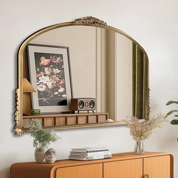 OUSHUAI Gold Vintage Wall Mirror,Antique Wide Mirror Decor,Arched Big Mirror for Entryway/Bathroom/Fireplace 37"X29"