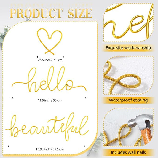 Hicarer Metal Hello Gorgeous Wall Art Minimalist Decor for Bedroom Bathroom Living Room Dressing Room Salon Office Home Decorations Easy to Install Wall Decor(Gold,Lovely Style)