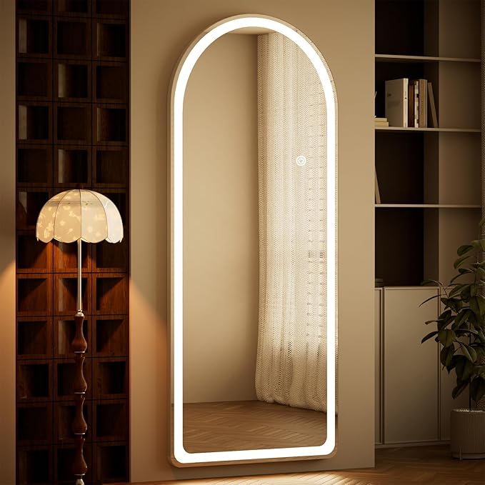 Arch LED Mirror Full Length - 26" x 71" Arched Top Rounded Corners Floor Full Body Mirror with 3 Color Lights Brightness Adjustable, Standing Leaning for Bedroom, Dressing Room, White