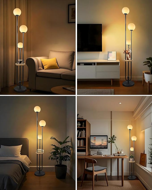 63IN Black Floor Lamp with Shelf Mid Century Modern Tall Standing Lamps with 3000K Warm White Bulb Included Dimmable Globe Floor Lamp with 5Lbs Heavy Base for Living Room/Bedroom/Home Decor