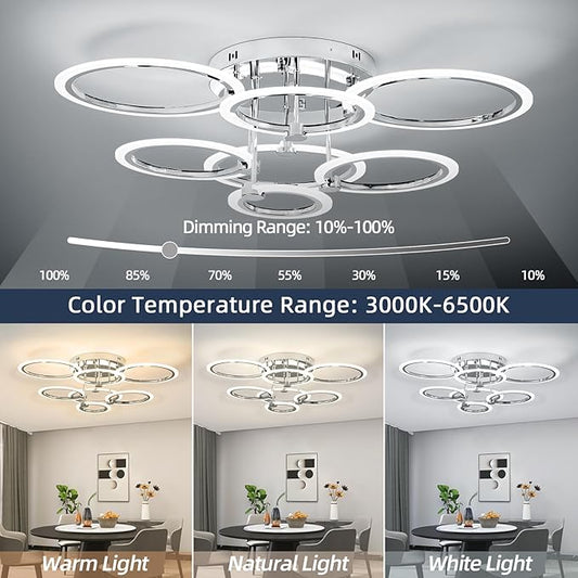 7-Ring Modern LED Flush Mount Ceiling Light - 31.8" Dimmable Close-to-Ceiling Fixture with Remote Control, 130W 3000K-6500K Adjustable Color Temperature for Bedroom, Living Room (Chrome)