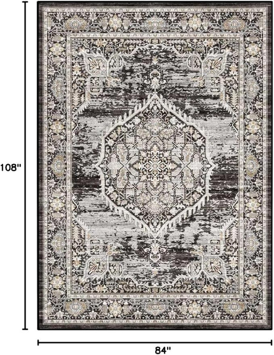 Washable Rugs 7x9 Area Rug:Large Rugs for Living Room - Oriential Distressed Printed Floral Carpet - Non Slip with Rubber Backing Area Rug 7'x9' Black