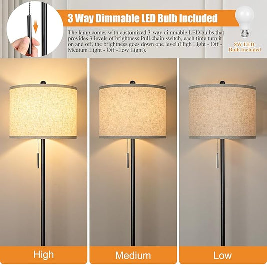 Qingmiao Floor Lamp for Living Room, 63in Black Standing Lamp, 3-Way Dimmable Floor Lamp for Bedroom, Tall Lamp with White Linen Shade for Office