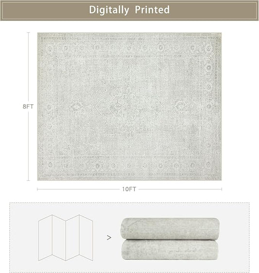 Srugn Washable Rugs 8x10 Area Rugs for Living Room,Bedroom,Dining Room- Large Ultra Soft Faux Wool Retro Carpets,Non Slip&Non-Shedding Low Pile Vintage Carpet for Home Office,Concrete Grey