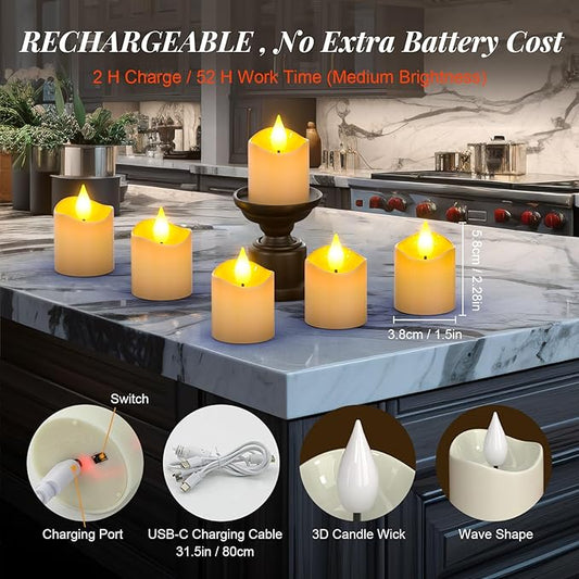 PChero Flameless Candles with Remote Timer, 6 Packs Rechargeable Tea Lights Flickering LED Votive Candles with USB Charging Cable for Christmas Halloween Fall Home Room Decor