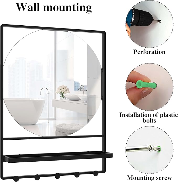 Wall Mirror with Shelf and Hooks, 21" X 28" Metal Framed Bathroom Mirror with Shelf, Decorative Mirror for Bathroom, Entryway, Bedroom, Living Room (Black, 21 x 28)