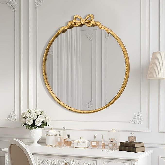 Besdomus Gold Round Bow Mirror: 27" Modern Circle Bathroom Vanity Mirror - Baroque Traditional Ornate Beaded Decorative for Wall/Cloakroom/Bedroom/Dressing Room - Ideal for Fashion Conscious Women