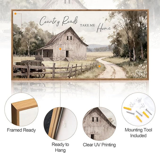 Aurlan Country Roads Take Me Home Wall Art(40"x20"), Neutral Countryside Cottage Cabin Farmhouse Old Barn Canvas Artwork, Large Vintage Rustic Nature Meadow Field Landscape Decor for Home Dining Room
