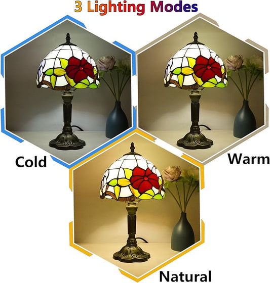 Tiffany Style Table Lamp, 3 Color Temperatures Bedside Lamp, 8 Inch Stained Glass Desk Light for Home Office Bedroom Living Room (Three Flower Pattern)