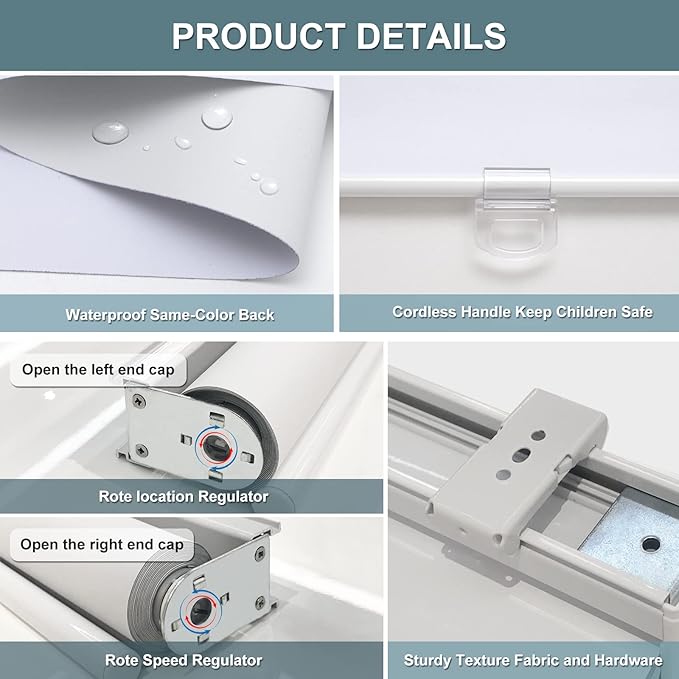 AOSKY Cordless Roller Shades Blackout Blinds for Windows Room Darkening Rolled Up Shades with Spring System, UV Protection Window Shades Door Blinds for Home and Office (34" W x 64" H, White)