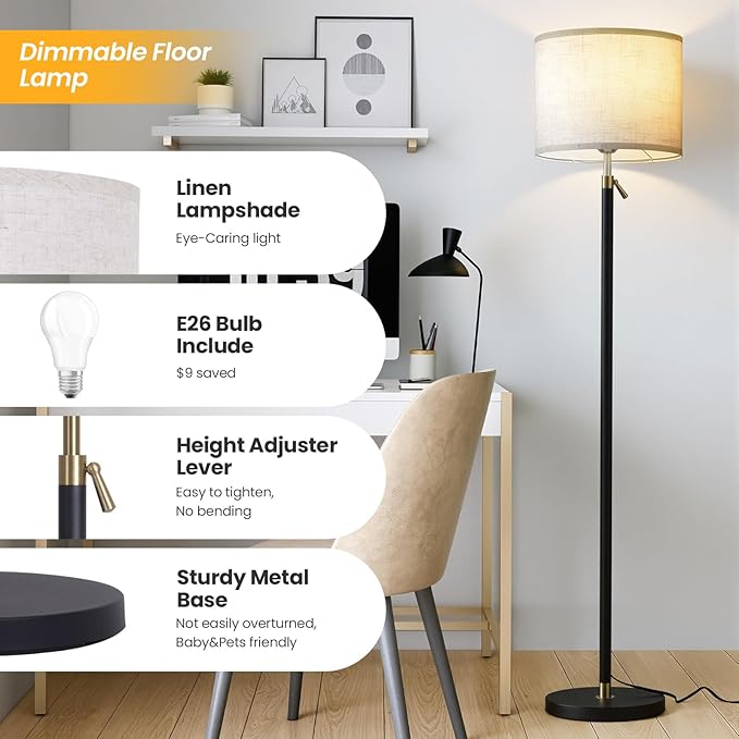Remote Floor Lamp for Living Room and Bedroom - Modern RGB Standing Lamps Tall with Led Blub and Dimmable Light - 55"-67" Height Adjustable Standing Lamps with Shade for Corner Lighting(Black & Gold)
