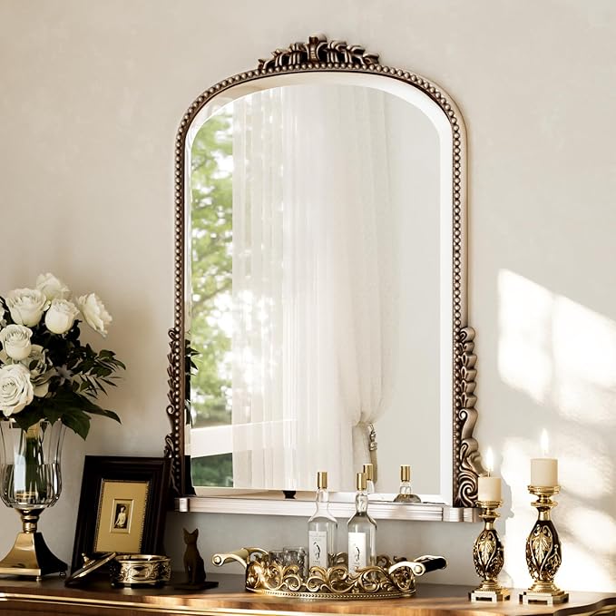24"×32" Silver Wide Arched Wall Mirror, Vintage Carving Bathroom Vanity Makeup Mirror, as Wall Decor Hanging Leaning for Fireplace Mantle, Living Room, Bedroom, Vanity Area