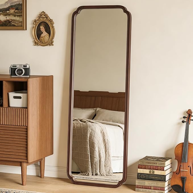 HOMECOOKIN Full Length Mirror Wall Mounted, Rustic Wooden Frame Floor Mirror, Rounded Corner Large Full Body Mirror for Bedroom,Dressing Room, Leaning or Hanging Against Wall (Walnut, 71" L x 24" W)