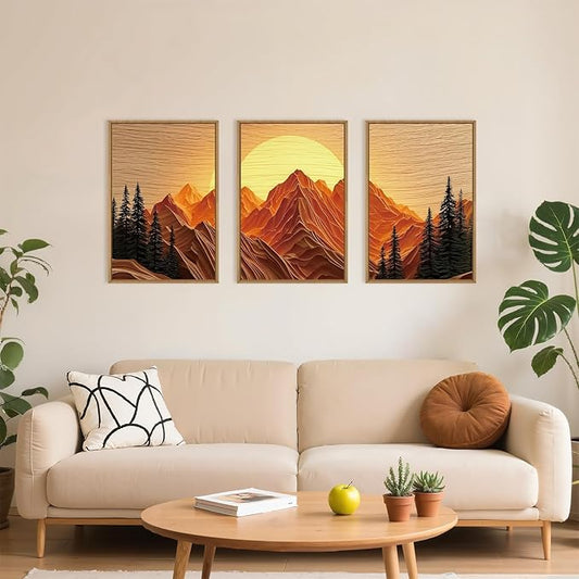 Large Mountain Framed Canvas Wall Art Set, Abstract Ridge Sun Painting, Boho Sunset Scenery Wall Decor,Modern Natural Landscape Art Print for Living Room,Bedroom,Office-24 x36 x3