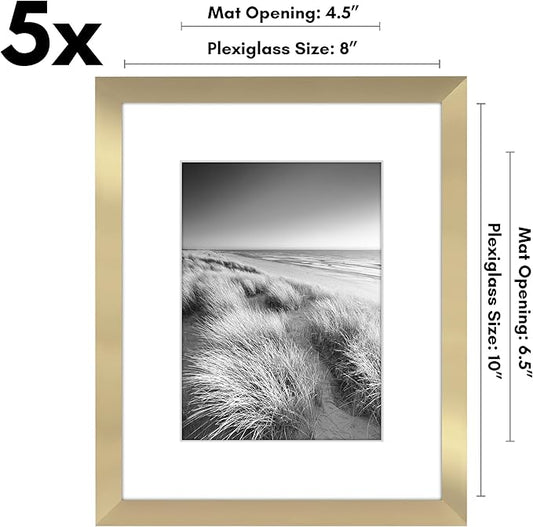 Americanflat 8x10 Picture Frame with Polished Plexiglass - Set of 5 - Use as 5x7 Frame with Mat or Display 8x10 Photo Without Mat - Galleria Collection - Picture Frames for Tabletop and Wall - Gold