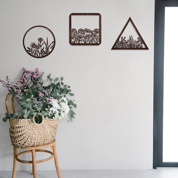 Blulu 3 Pieces Wall Art Wood Wall Pediments Sacred Boho Art Wooden Floral Decor Minimalist Floral Hanging Flower Artwork for Home Dining Room(10 Inch,Brown)