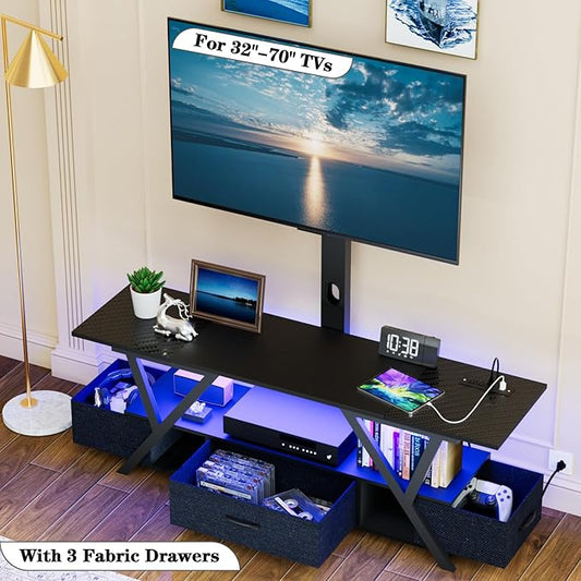 TV Stand with Swivel Mount and Power Outlet,Black Entertainment Center with LED Lights for 32-70 Inch TV, TV Console Table with Fabric Drawers Storage for Bedroom/Living Room
