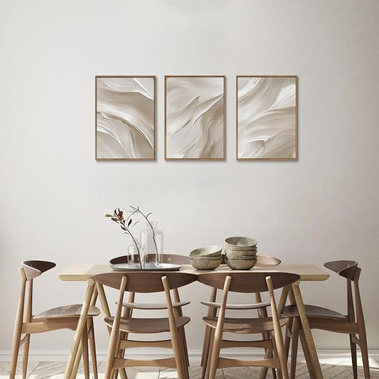 myusuar 3 Piece Large Abstract Framed Wall Art For Living Room, Smoke Texture Ink Beige White Canvas Wall Art Modern Minimalist Art Prints Wall Décor For Bedroom Office 12x16in
