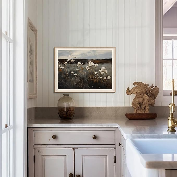 Framed Wall Art for Bedroom Decor, Vintage Wildflower Painting Canvas Art Prints, Moody Dark Autumn Flower Wall Aesthetic, Farmhouse Decor Wall Art Floral Pictures for Bathroom Decoration - 16x24Inch