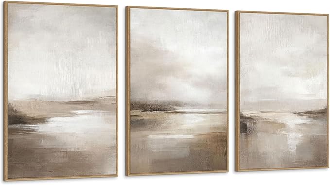 SAFERRYHOME Neutral Abstract Wall Art - Minimalist Framed Canvas Print Set, Landscape Shapes Abstract Illustrations Modern Nordic Calm Decor for Living Room, Bedroom, Bathroom - 3 Panels 24x36 Inch