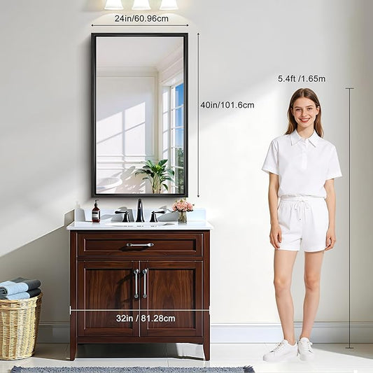 CIRCUMI 24"x40" Brushed Black Mirror with Chunky Box Metal Frame, Bathroom Mirror for Vanity Remodel & New Home, Living Room, Entryway, Rectangular Wall Mirror, Tempered Glass, Vertical or Horizontal