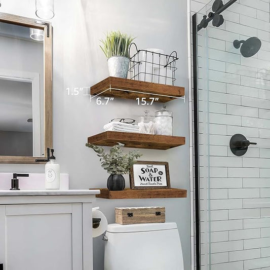 QEEIG Floating Shelves for Wall Bathroom Shelf Bedroom Kitchen Living Room Hanging Book Shelves Small Farmhouse Decor 16 inch Set of 3, Rustic Brown (015-BN3)