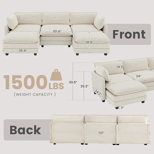 112'' Sectional Modular Cloud Couch, Oversized 5 Seat Couches U Shaped Sofa with 2 Movable Ottomans, 2 Throw Pillows, Upholstered Corduroy U Shape Comfy Deep Couches for Living Room and Office, Beige