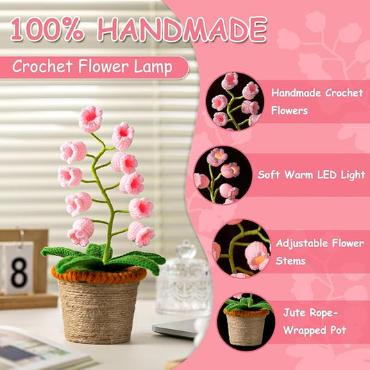 Lily of The Valley Lamp, Pink Crochet Artificial Flowers with Night Lights, Cordless Table Lamp -Birthday Gifts for Women,Cozy Home Decor Mothers Day Gifts