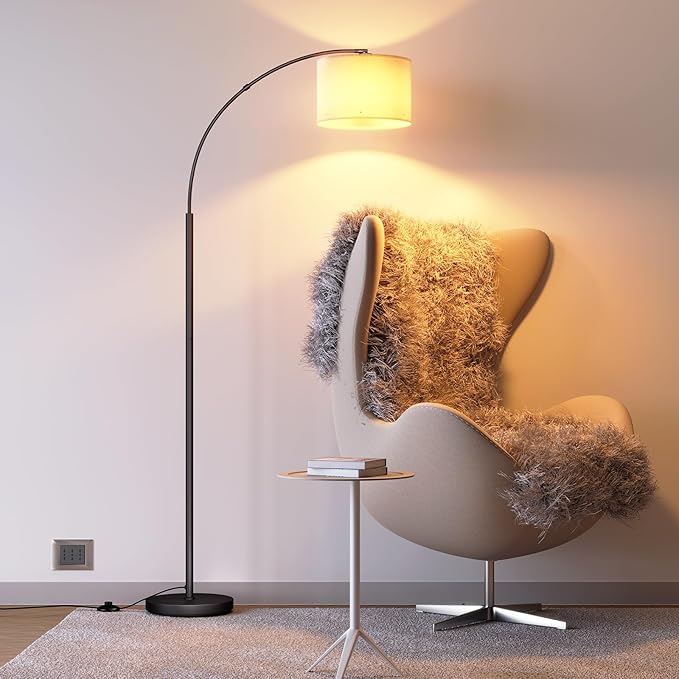 SUNMORY Arc Floor Lamp with 3 Color Temperature, Modern Floor Lamp with 9w A19 LED Bulb, 75″ Height Tall Lamp for Living Room with Hanging Drum Shade & Weighted Base. Arched Standing Lamp for Bedroom