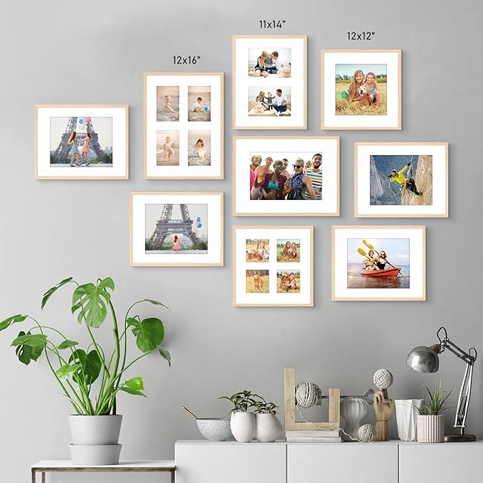 11x14 OAK Natural Wood Photo Frame,Picture Frames with mat 8x10 or 2 mat 5x7,Plexi Glass front Wall Hanging Gallery for Wall and Tabletop Display,set of 6
