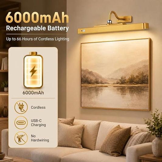 16" Gold Picture Light for Wall, Battery Operated Rechargeable Art Light with 6000mAh Battery, Motion Sensor, Remote, 3CCT Dimmable Cordless Painting Light for Artwork, Gallery, Hallway, 1 Pack