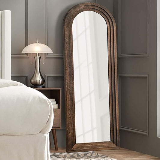 NeuType Arched Full Length Mirror, 65x22in Rustic Wood Frame Full Body Dressing Mirror, Wall-Mounted or Leaning Against Wall Standing Mirror, Farmhouse Decor for Bedroom Living Room, Charcoal Grilled