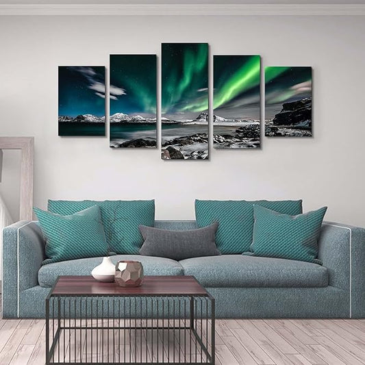 Northern Lights Canvas Print - Aurora Borealis Canvas Wall Art Painting for Living Room Snowy-Mountains-Landscape Poster Picture Wooden Framed Prints Ready to Hang (E-5pcs,80"x40")