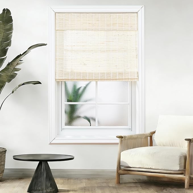 Motorized Bamboo Roman Shades, Motorized Blinds with Remote Compatible with Homekit, Alexa GoogleHome, Smart Wood Woven Shades for Indoor Windows, Customize, Shoregrass