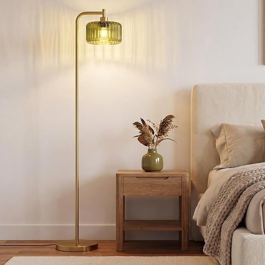 Floor Lamp for Living Room,Gold Floor Lamp with Green Glass Shade,Modern Standing Lamps with 3000K Warm Light Bulb,Vintage Tall Light for Bedroom Office Reading Room Corner.