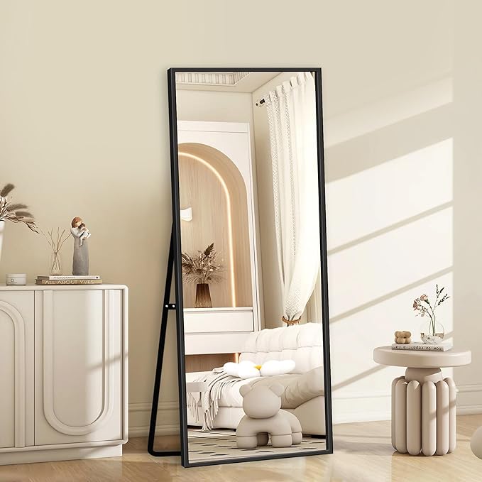 GlasFlength Full Length Mirror with Stand - 56" x 19" Aluminum Alloy Frame Full Body Mirror, Standing Hanging or Leaning Wall Floor Mirror for Bedroom Living Room Dressing Room, Black