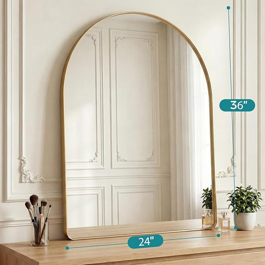 OLIXIS Arched Bathroom Mirror for Over Sink, 36x24 Inch Wall Mirror Arched Rounded Rectangle, Modern Wall Mount Vanity Mirror with Matte Metal Deep Framed, for Home Decor, Living Room, Gold