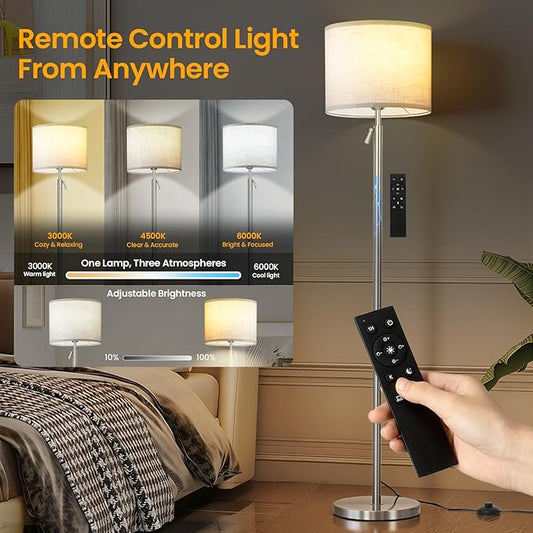 Modern Floor Lamp for Living Room and Bedroom- 55"-67" Height Adjustable Standing Lamps with Dimmable LED Bulb and Remote Control-Bright Tall Stand Light with Shade for Corner Lighting (Silver)