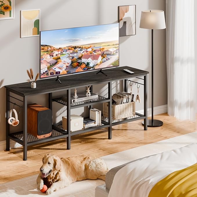 Furologee TV Stand for TVs up to 55 Inch, Entertainment Center with Open Storage Shelves, Media Console Table with Soundbar Shelf for Living Room, Bedroom, Black Oak