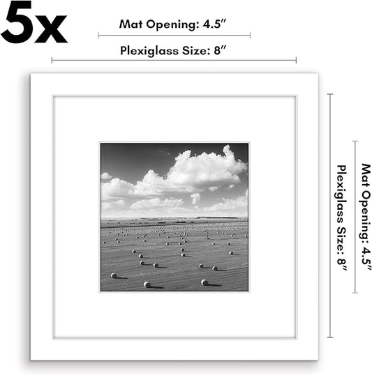 Americanflat 8x8 Picture Frame with Polished Plexiglass - Set of 5 - Use as 5x5 Frame with Mat or Display 8x8 Photo Without Mat - Galleria Collection - Square Frames for Tabletop and Wall - White
