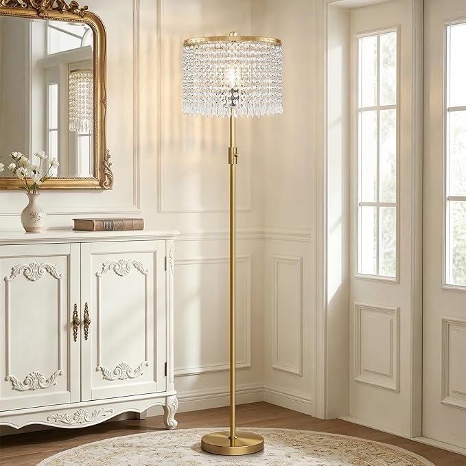 【Upgraded】 Dimmable Crystal Floor Lamps for Living Room, 1000LM LED Bulb Included, Standing Lamp with Knob Switch, Tall Gold Pole Light for Bedroom Nursery Office Corner Reading