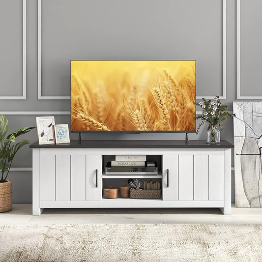 Tangkula 2 Doors TV Stand for TVs up to 65โ, 57โ TV Console Table w/ 2 Cabinets & Open Shelves, Media Entertainment Center w/ 2 Cable Management Holes, Wood TV Cabinet for Living Room (Dark Brown)