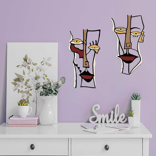 ESTART 2 Pieces Abstract Faces Metal Wall Decor, Modern Minimalist Single Line Geometric Hanging Wall Art, Colorful Metal Wall Sculptures for Home Living Room Bedroom Bathroom Kitchen, 24x15.7 IN
