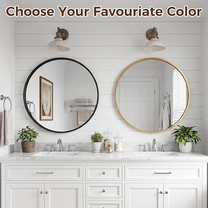NEWBULIG 30 Inch Round Wall Mirror, Bathroom Mirror for Over Sink, Matte Metal Framed Circle Vanity Mirror, Wall Decor for Bedroom, Anti-Rust, Tempered Glass, Hanging or Leaning, Classic Gold