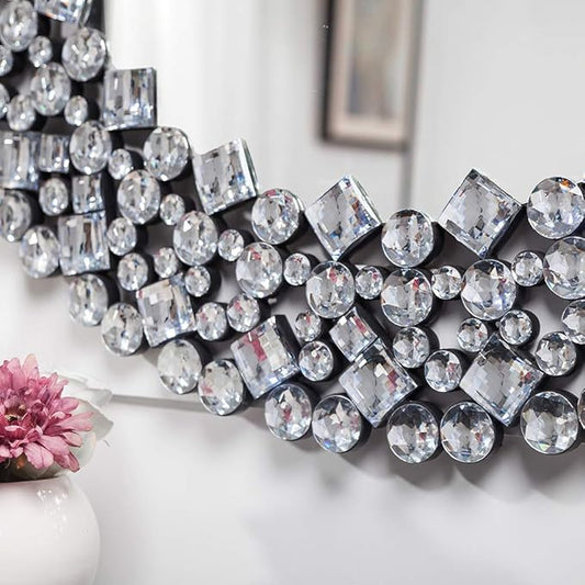 SHYFOY 35.5" Oversize Jeweled Ornate Wall Mirrors Decorative Crystal Accent Round Mirrors for Wall Home Decor, Modern Crushed Diamond Gemstone Mirror for Living Room