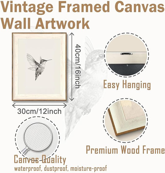 ASTRDECOR Hummingbird Wall Art Prints – Vintage Black and White Bird Sketch Painting Picture, Rustic Neutral Decor Canvas Wall Decor for Modern Home and Bedroom Decoration – Framed 12''x16''