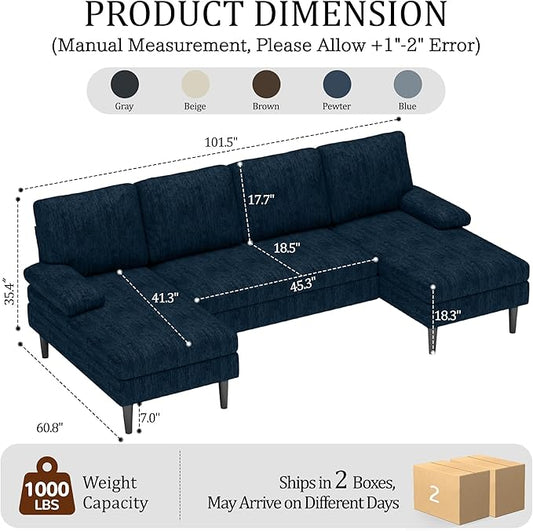 Korser 101" U-Shaped Sectional Couches for Living Room, Chenille Upholstery 4-Seat Sofa with Double Chaises, Modern Couch with Wood Legs for Apartment & Small Space, Blue