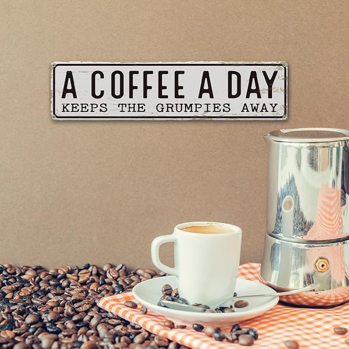 Coffee Signs Decor, A Coffee A Day Keeps the Grum Pies Away Sign, Farmhouse Wall Decor for Home, Vintage Bar or Dorm, Retro Metal Tin Sign, Decorative Metal Wall Signs 15.8x4 Inches