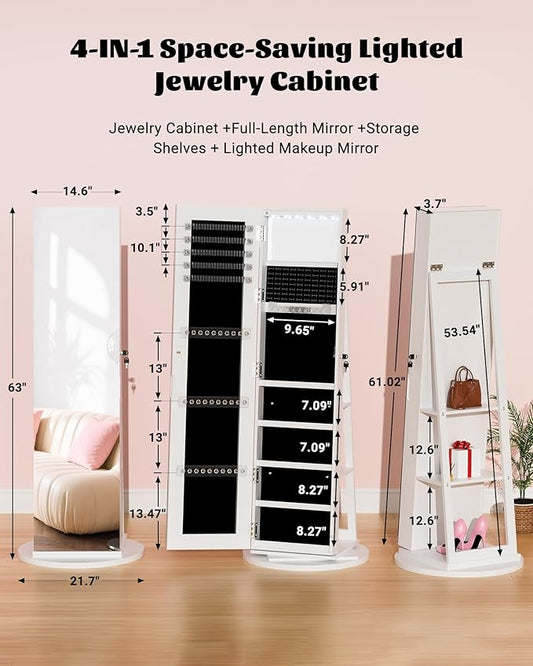6 LEDs Jewelry Armoire with Frameless Full-Length Mirror, 360° Swivel Jewelry Cabinet Standing with 3 Back Shelves, Jewelry Organizer with Storage Lockable for Women Gift, White